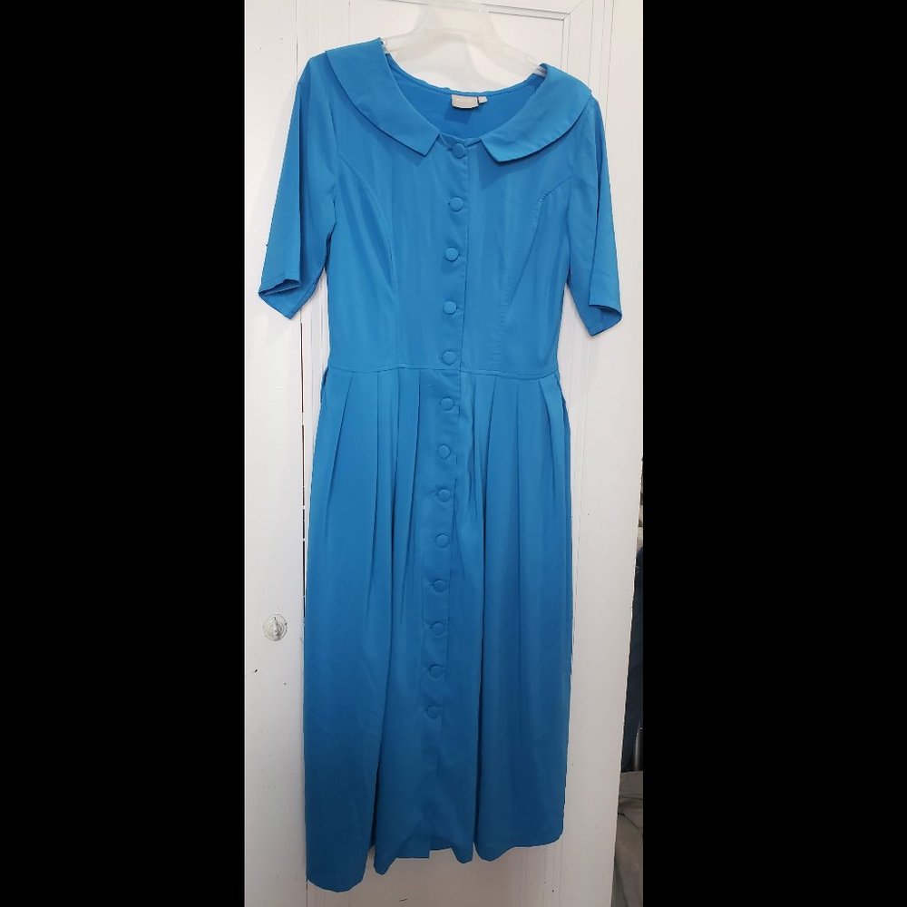 Blue Retro Collared Midi Dress